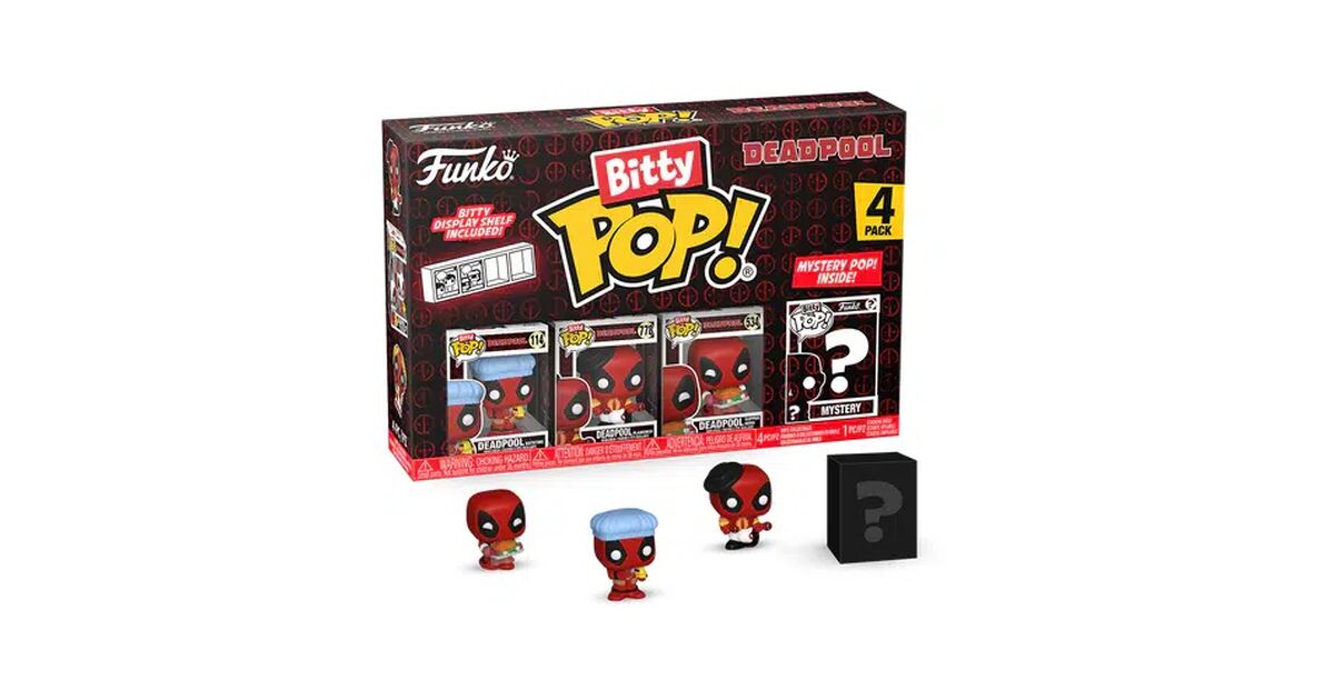 Lot Funko Bitty Pop! Deadpool – 4 Mini-figurines 2,3 Cm – Éditions Bathtime, Flamenco, Supper Hero + 1 Mystère – Boîte Acrylique Empilable – Dès 3 Ans Sous Supervision