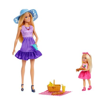 Mattel Barbie: Family &amp; Friends - Barbie Malibu &amp; Club Chelsea Sister PicNic Dolls (JBF43)