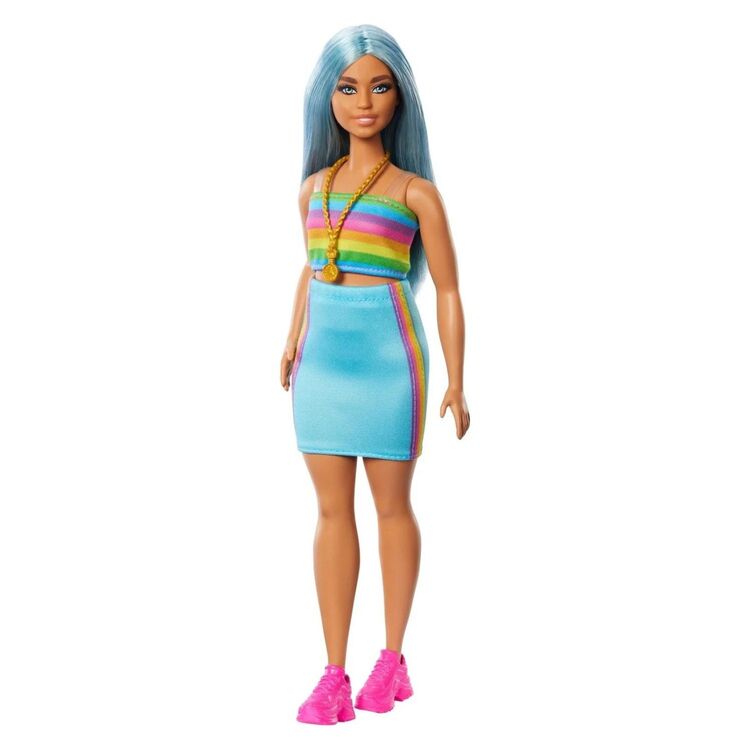 Product Mattel Barbie Doll - Fashionistas #218 Long Blue Hair Curvy Doll with Rainbow Top  Teal Skirt (HRH16) image